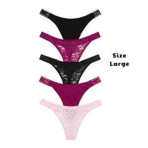 VS PINK Black Maroon Pink 5 Pack Low Rise Lace Thong Panties Size Large NEW